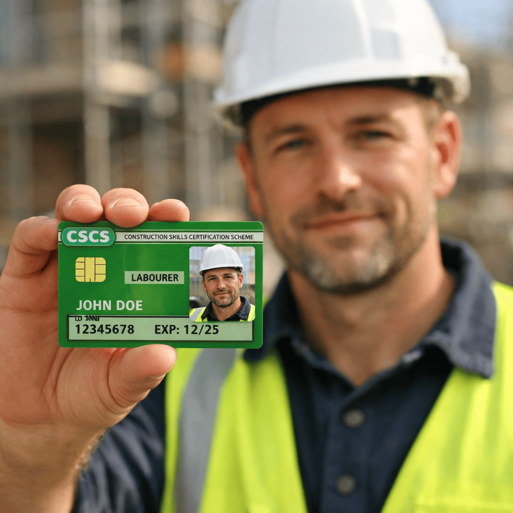 Construction Worker Holding CSCS Card at Site